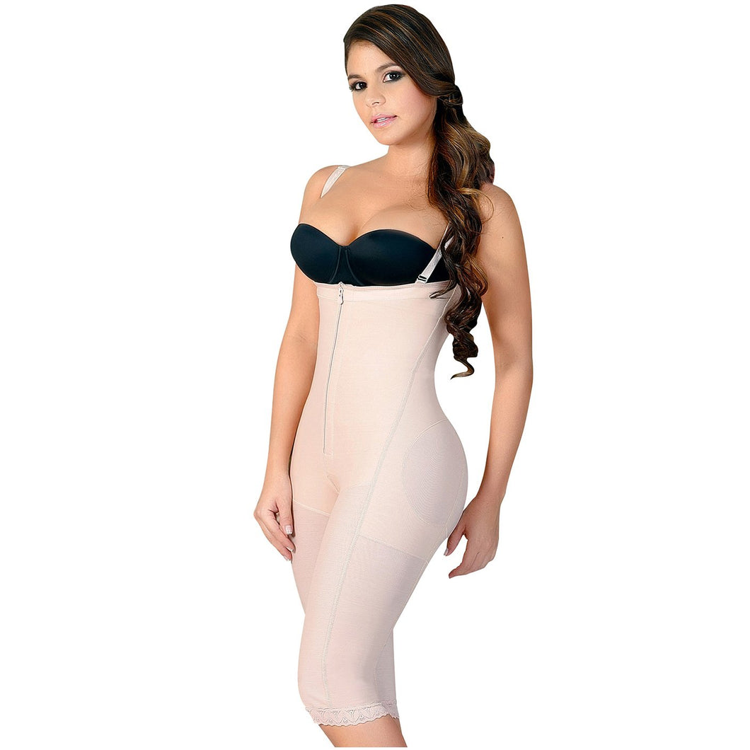 Fajas Salome 0213 | Post Surgery Butt Lifter Full Bodysuit | Open Bust Knee Length Body Shaper for Women | Powernet