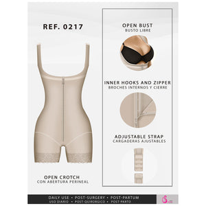 Fajas Salome 0217 | Mid Thigh Firm Compression Full Body Shaper for Women | Butt Lifter Open Bust Postpartum Bodysuit | Powernet