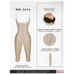 Fajas Salome 0516 | Post Surgery Postpartum Butt Lifter Full Bodysuit | Open Bust Knee Length Body Shaper for Women | Powernet