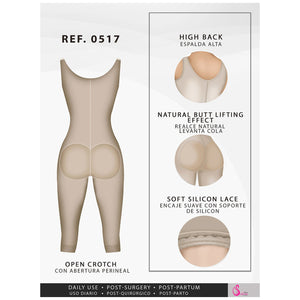 Fajas Salome 0517 | Post Surgery Stage 1 Butt Lifter Full Bodysuit | Open Bust Knee Length Body Shaper for Women | Powernet