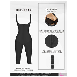 Fajas Salome 0517 | Post Surgery Stage 1 Butt Lifter Full Bodysuit | Open Bust Knee Length Body Shaper for Women | Powernet