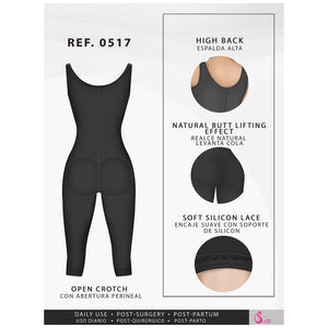 Fajas Salome 0517 | Post Surgery Stage 1 Butt Lifter Full Bodysuit | Open Bust Knee Length Body Shaper for Women | Powernet