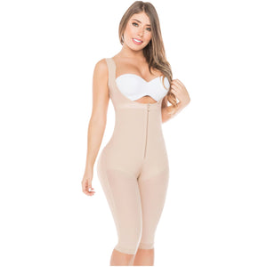 Fajas Salome 0520 | Open Bust Post Surgery Full Body Shaper for Women | Butt Lifter Knee Length Bodysuit | Powernet