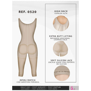 Fajas Salome 0520 | Open Bust Post Surgery Full Body Shaper for Women | Butt Lifter Knee Length Bodysuit | Powernet