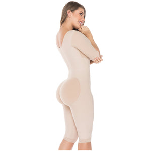 Fajas Salome 0525 | Post Surgery Bodysuit Full Body Shaper for Women | Tummy Control Butt Lifter Knee Length Shapewear with Sleeves | Powernet