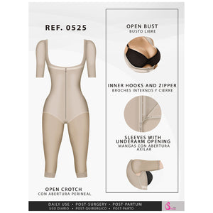 Fajas Salome 0525 | Post Surgery Bodysuit Full Body Shaper for Women | Tummy Control Butt Lifter Knee Length Shapewear with Sleeves | Powernet